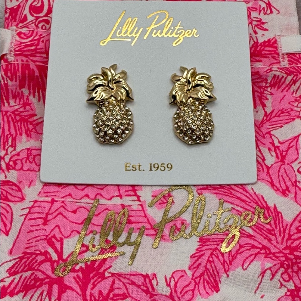 LILLY PULITZER Gold Metallic Pineapple Stud Earrings NWT GWP